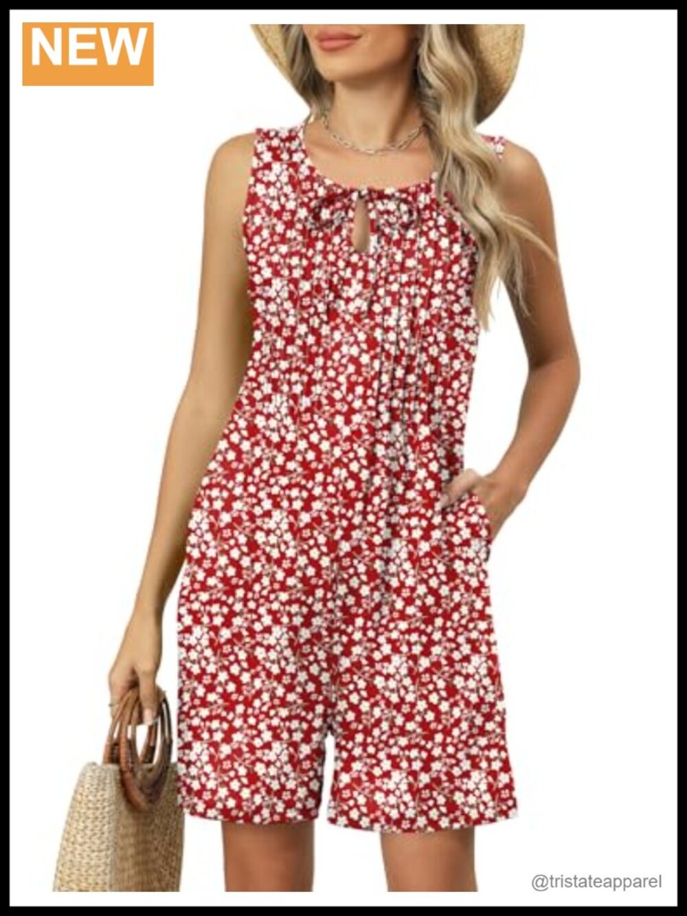 Womens Pleated Sleeveless Romper Loose Fit Tie Front V-Neck Casual Summer